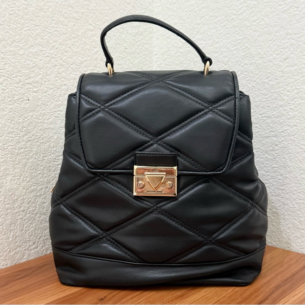 MICHAEL KORS Serena Black Quilted Leather Flap Medium Backpack